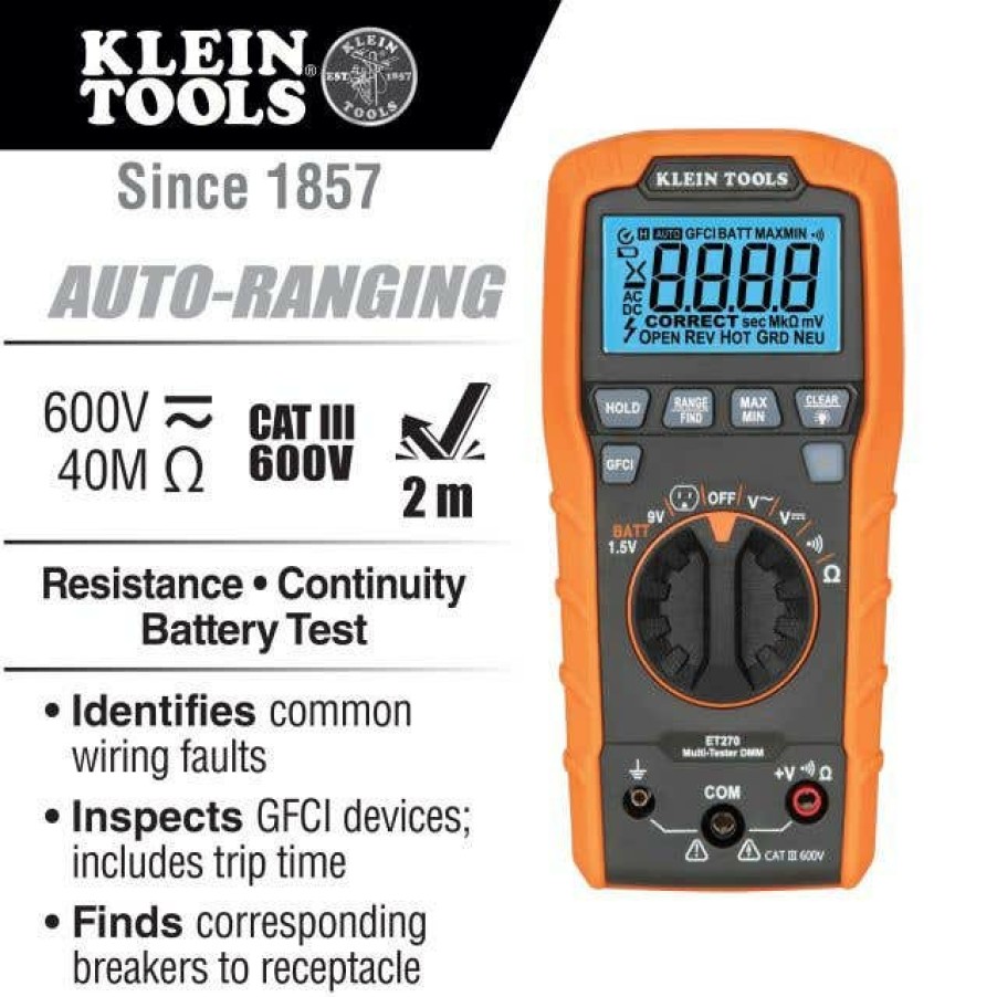 Power Tools Klein Tools | Klein Digital Multi-Tester, Multimeter W/ Receptacle Tester Et270