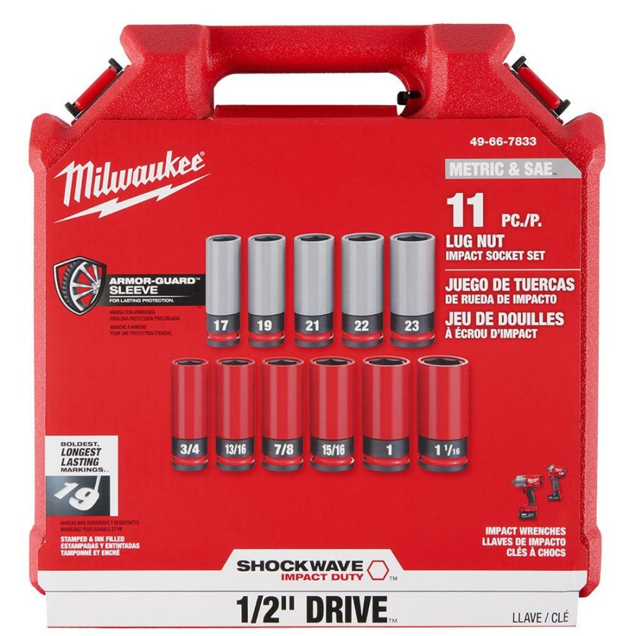 Accessories Milwaukee Tools | Milwaukee Shockwave Impact Duty 1/2 Drive Sae & Metric 11Pc Lug Nut Wheel Socket Set 49-66-7833