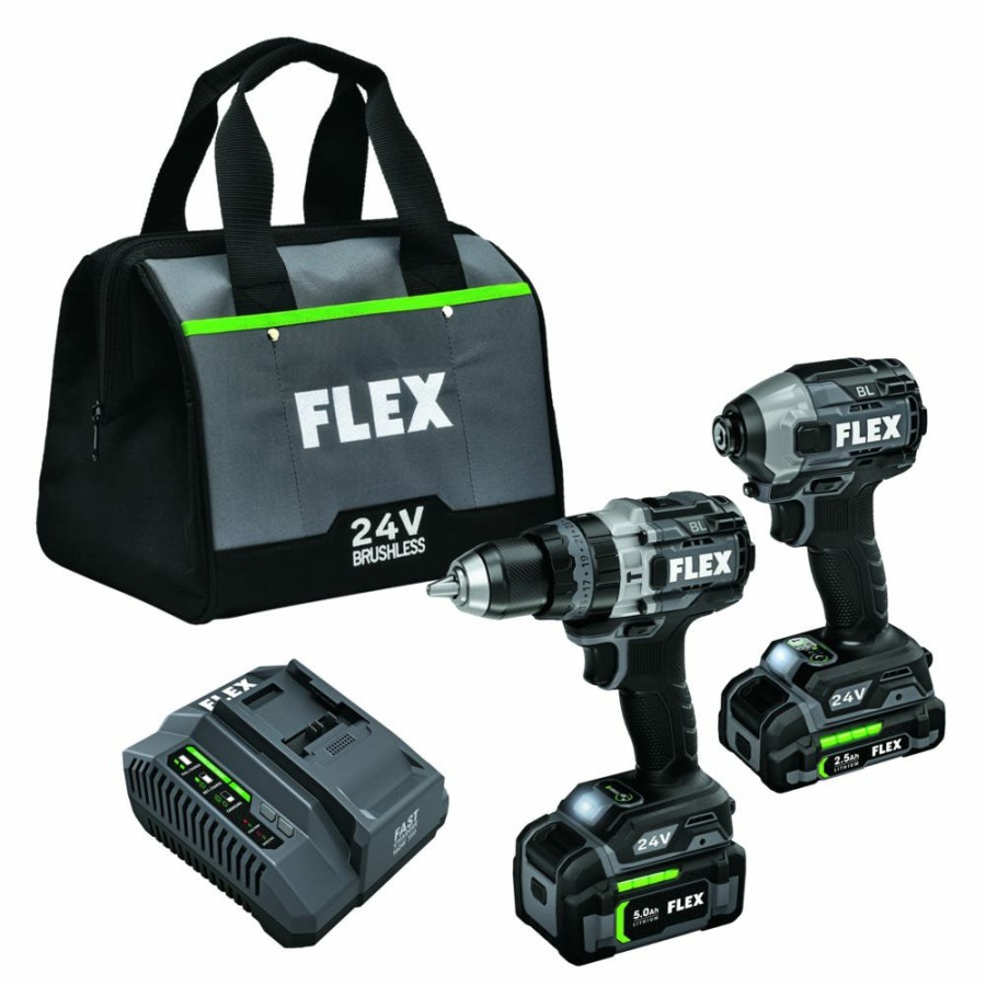 Power Tools FLEX | Flex 24V 1/2" Hammer Drill And Impact Driver Combo Kit (3.5Ah/6.0Ah Stacked) Fxm202-2G