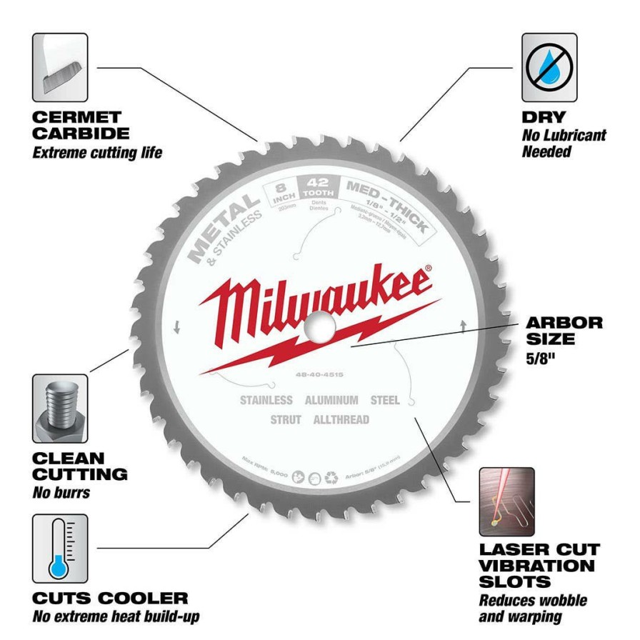 Accessories Milwaukee Tools | Milwaukee 8" 42 Tooth Metal Cutting Circular Saw Blade 48-40-4515