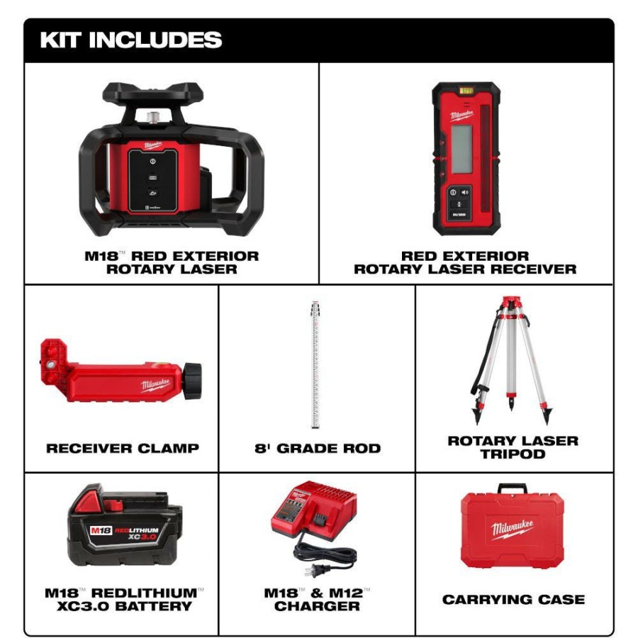 Power Tools Milwaukee Tools | Milwaukee M18 Red Exterior Rotary Laser Level Kit W/ Receiver, Tripod, & Grade Rod 3701-21T