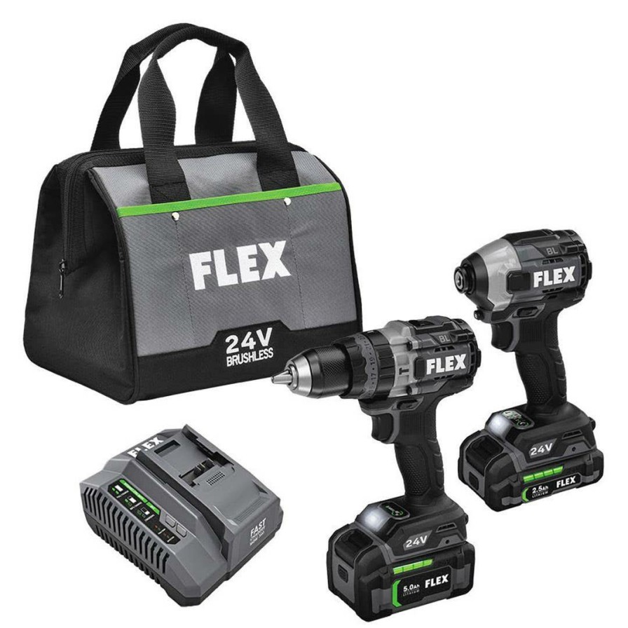 Power Tools FLEX | Flex 24V 1/2" Hammer Drill Turbo Mode & Impact Driver 2-Tool Combo Kit (2.5Ah/5.0Ah) Fxm202-2B