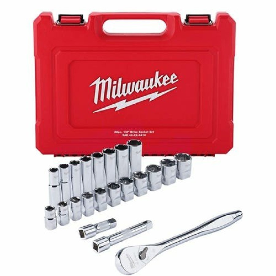 Hand Tools Milwaukee Tools | Milwaukee 1/2" Drive 22Pc Ratchet & Socket Set Sae 48-22-9410