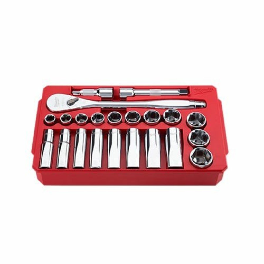 Hand Tools Milwaukee Tools | Milwaukee 1/2" Drive 22Pc Ratchet & Socket Set Sae 48-22-9410