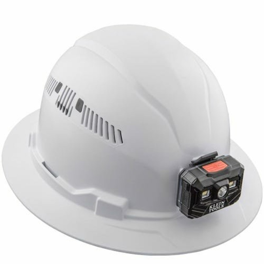 Safety & Work Wear Klein Tools | Klein Vented Full Brim Hard Hat With Rechargeable Headlamp - White 60407Rl