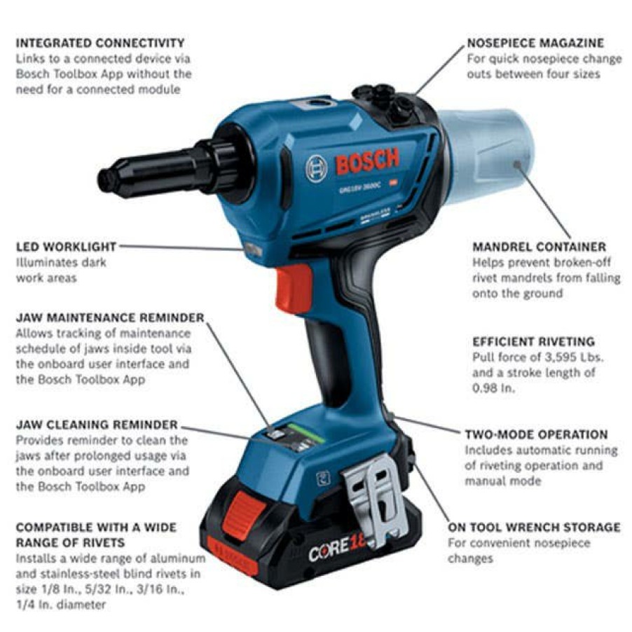 Power Tools Bosch Power Tools | Bosch 18V Brushless Connected Rivet Tool Kit Grg18V-3600Cb24