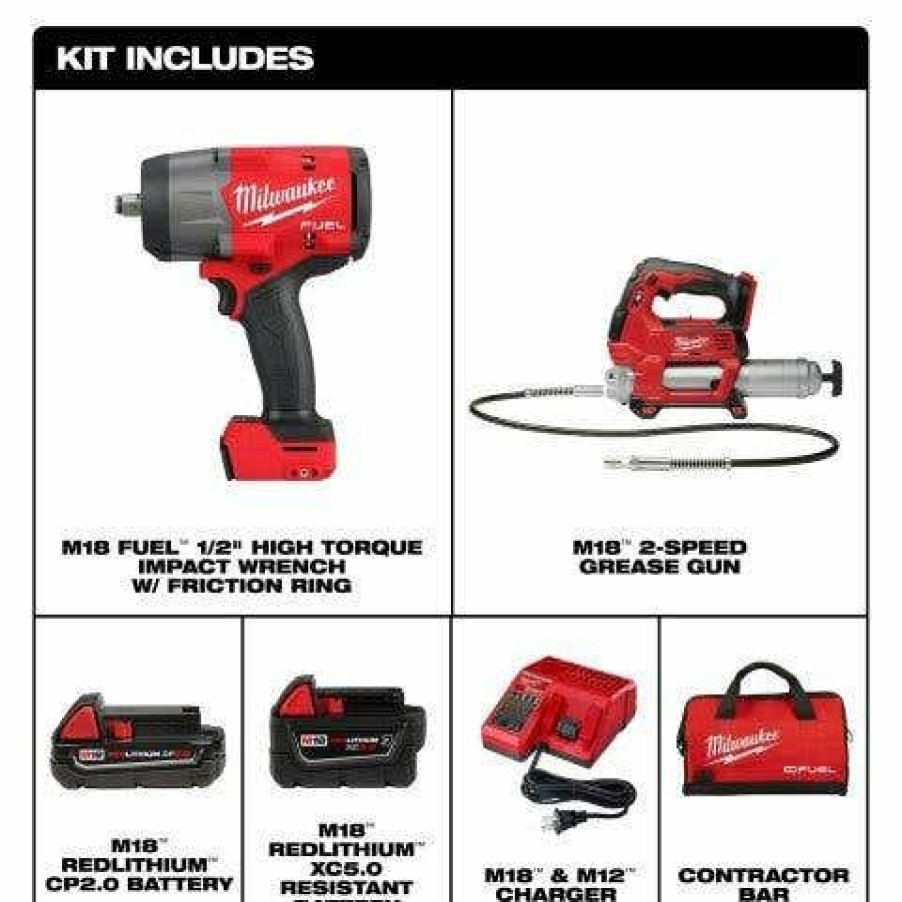 Power Tools Milwaukee Tools | Milwaukee M18 Fuel 1/2" Htiw W/ Friction Ring & Grease Gun Combo Kit 2967-22Gg