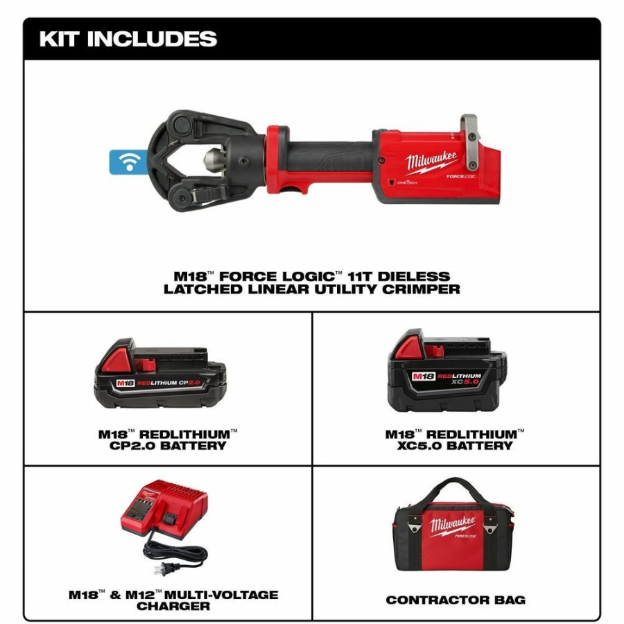 Power Tools Milwaukee Tools | Milwaukee M18 Force Logic 11T Dieless Latched Linear Utility Crimper 2876-22