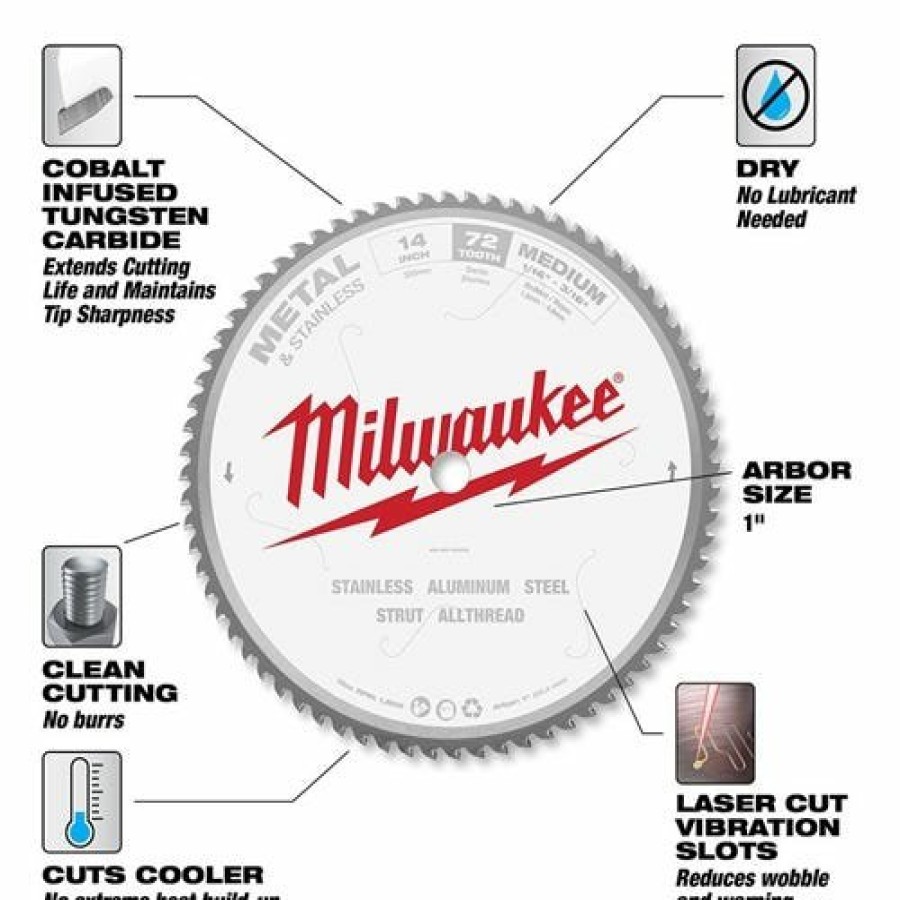 Accessories Milwaukee Tools | Milwaukee 14" 72 Tooth 1" Arbor Circular Saw Metal & Stainless Cutting Blade 48-40-4505