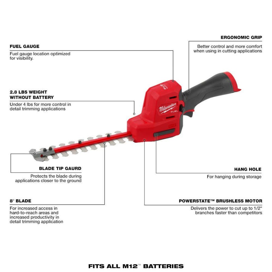 Power Tools Milwaukee Tools | Milwaukee M12 Fuel 8" Hedge Trimmer (Tool Only) 2533-20