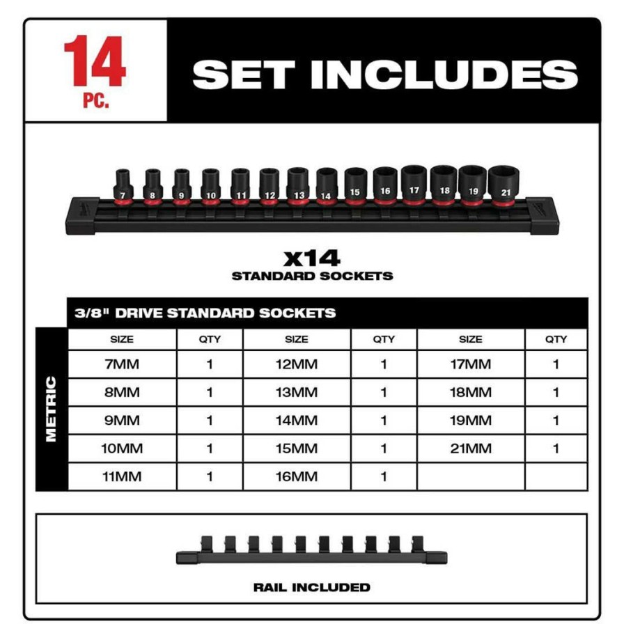 Accessories Milwaukee Tools | Milwaukee 14 Piece Shockwave Impact Duty 3/8" Drive Metric Standard 6 Point Socket Set 49-66-7007