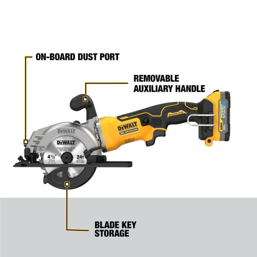 Power Tools DeWalt | Dewalt Atomic 20V Max* Brushless 4-1/2 In. Cordless Circular Saw Kit Dcs571E1