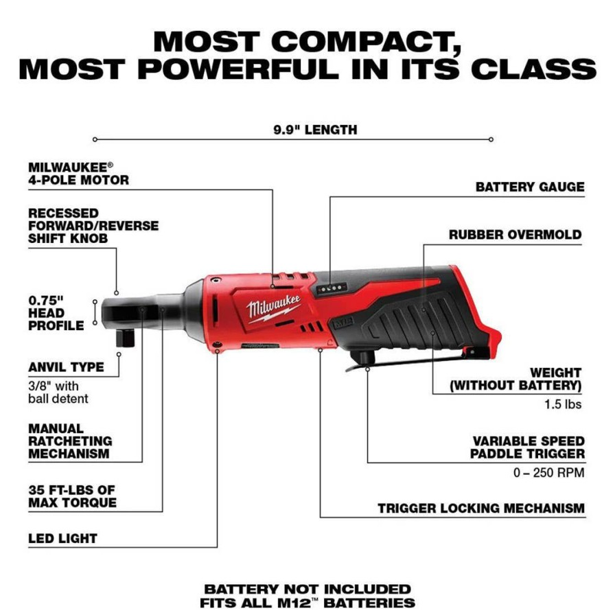 Power Tools Milwaukee Tools | Milwaukee M12 Cordless 3/8" Ratchet (Tool Only) 2457-20