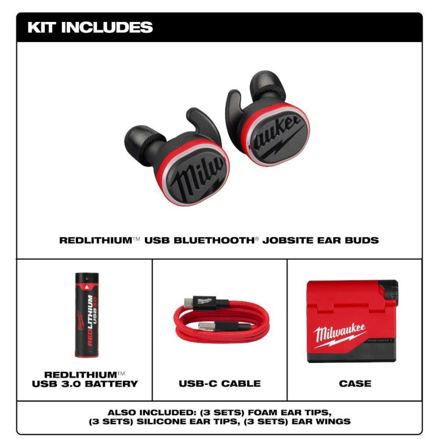 Safety & Work Wear Milwaukee Tools | Milwaukee Redlithium Usb Bluetooth Jobsite Nrr25 Ear Buds 2191-21