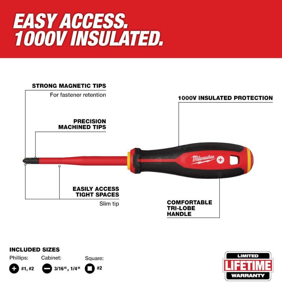 Hand Tools Milwaukee Tools | Milwaukee Tool 6Pc 1000V Insulated Slim Tip Screwdriver Set 48-22-2206