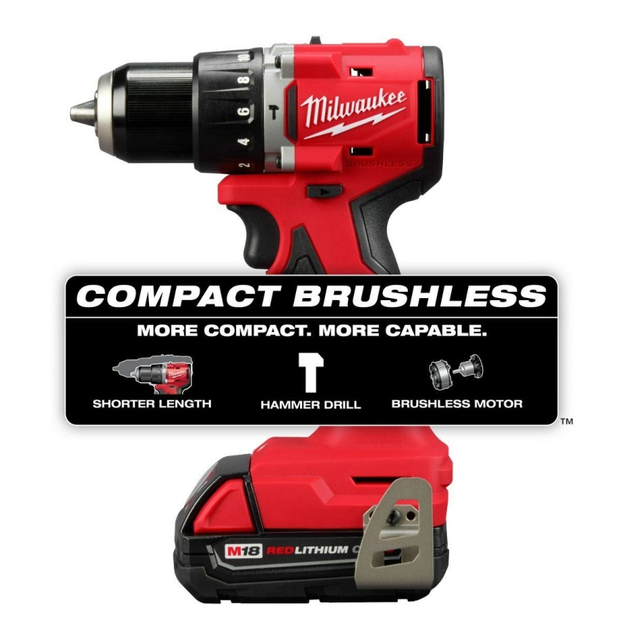 Power Tools Milwaukee Tools | Milwaukee M18 Compact Brushless 1/2" Hammer Drill 1 Bat Kit 3602-21P