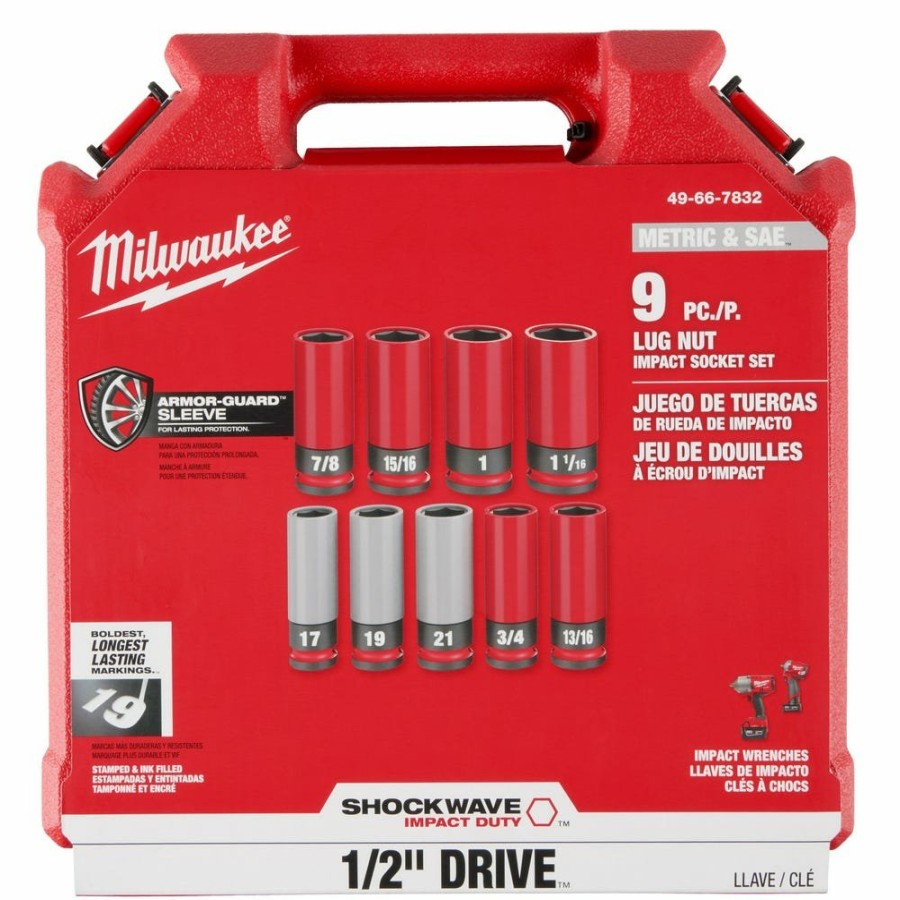 Accessories Milwaukee Tools | Milwaukee Shockwave Impact Duty 1/2 Drive Sae & Metric 9Pc Lug Nut Wheel Socket Set 49-66-7832