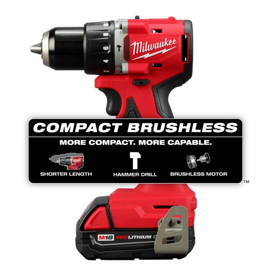 Power Tools Milwaukee Tools | Milwaukee M18 Compact Brushless 1/2" Hammer Drill 2 Bat Kit 3602-22Ct