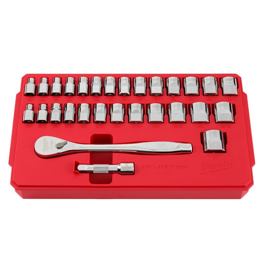 Hand Tools Milwaukee Tools | Milwaukee 29Pc 3/8" Drive Metric & Sae Ratchet And Socket Set W/ Four Flat Sides 48-22-9088