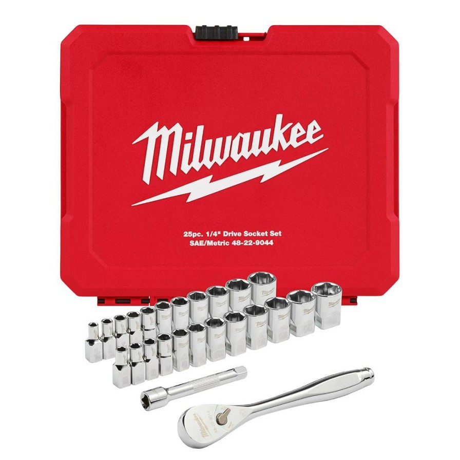 Hand Tools Milwaukee Tools | Milwaukee 25Pc 1/4" Drive Metric & Sae Ratchet And Socket Set W/ Four Flat Sides 48-22-9044