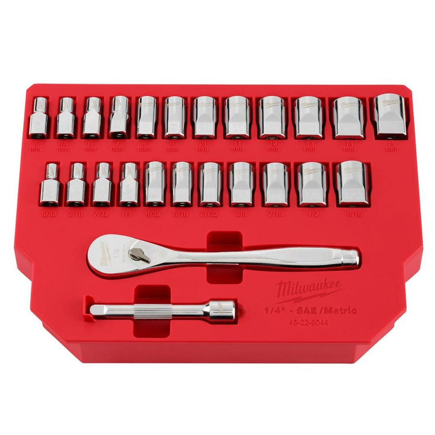 Hand Tools Milwaukee Tools | Milwaukee 25Pc 1/4" Drive Metric & Sae Ratchet And Socket Set W/ Four Flat Sides 48-22-9044