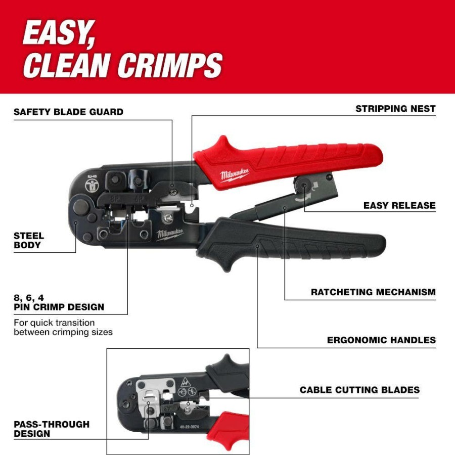 Hand Tools Milwaukee Tools | Milwaukee Ratcheting Pass-Through Crimper & Stripper 48-22-3074