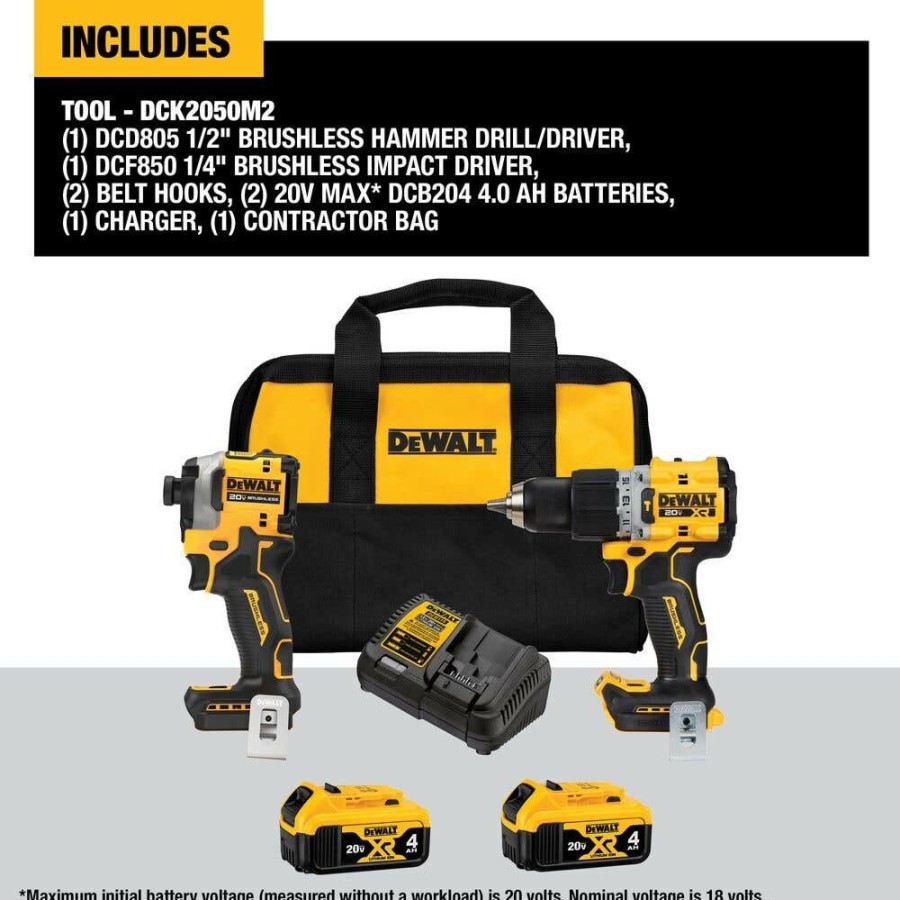 Power Tools DeWalt | Dewalt 20V Max Brushless Cordless Xr 1/2 In. Hammer Drill/Driver And Atomic 1/4 In. Impact Driver Kit With 4.0Ah Batteries Dck2050M2