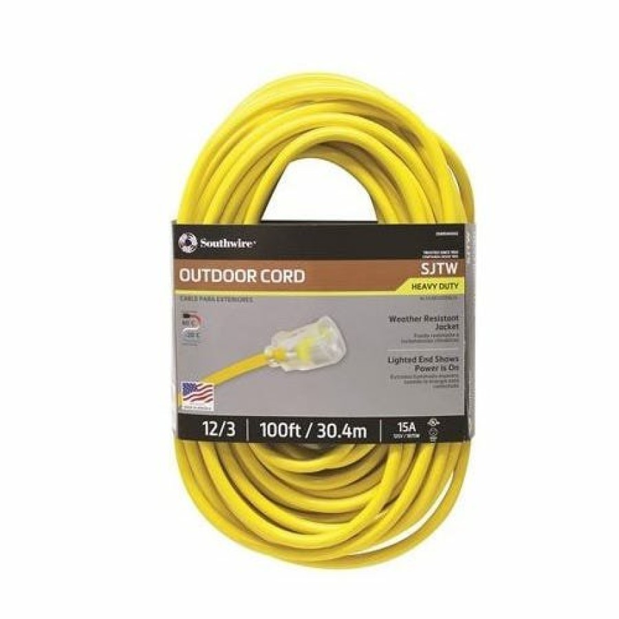 Hardware & Jobsite Supplies Southwire Tools & Equipment | Southwire 100' 12/3 Sjtw Outdoor Extension Cord With Lighted End (Yellow) 2589Sw0002